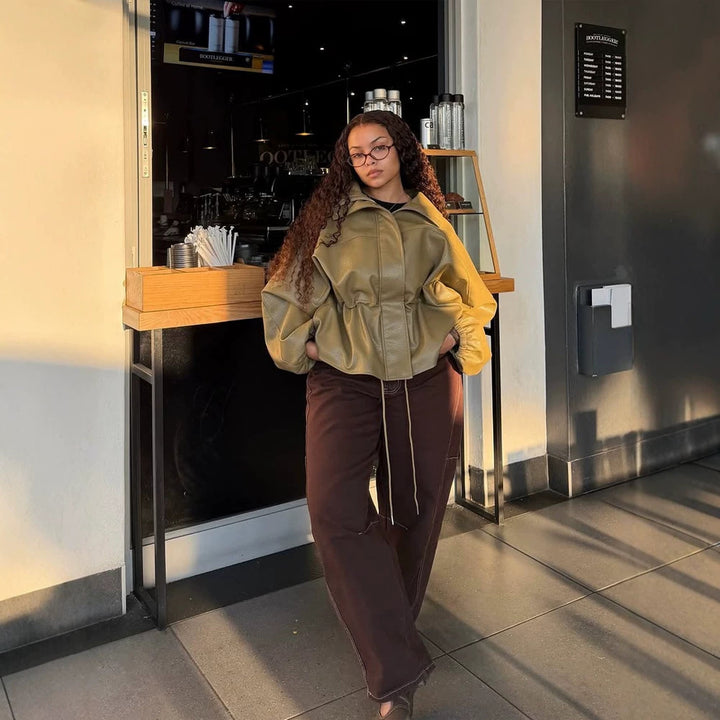 Women Boxy Faux Leather Jacket with High Stand-Up Collar, Drawstring Waist and Balloon Sleeves Mune Fashion