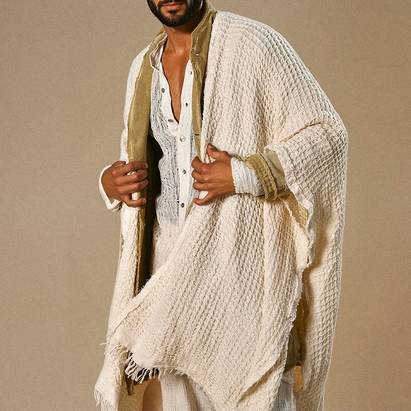 Men's loose-fitting cotton-linen poncho with fringes and open front Mune Fashion