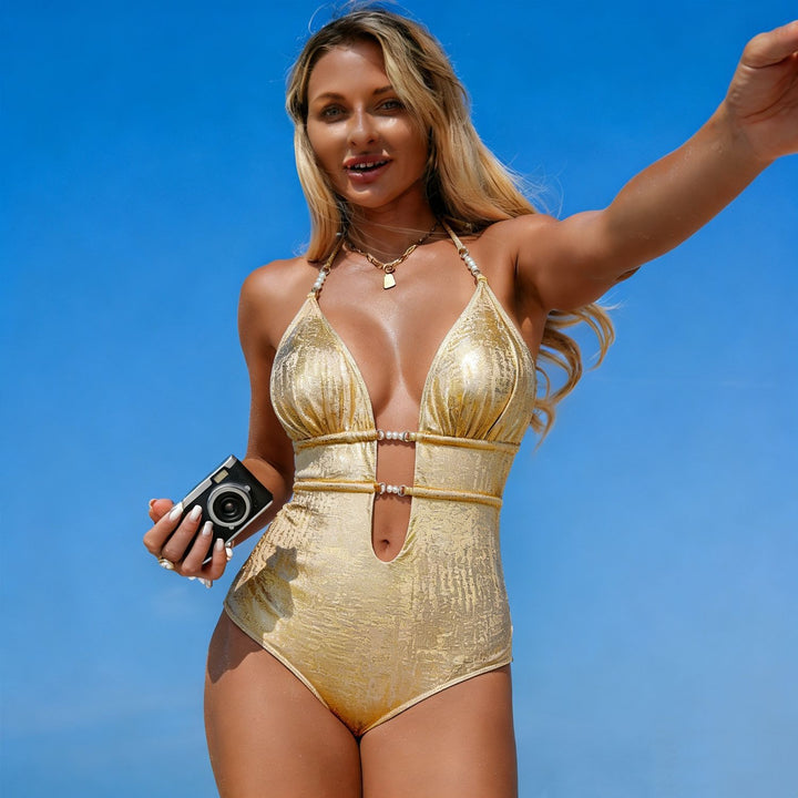Women's One-Piece Swimsuit with Deep V-Neck and Elegant Cut-Out Details Mune Fashion