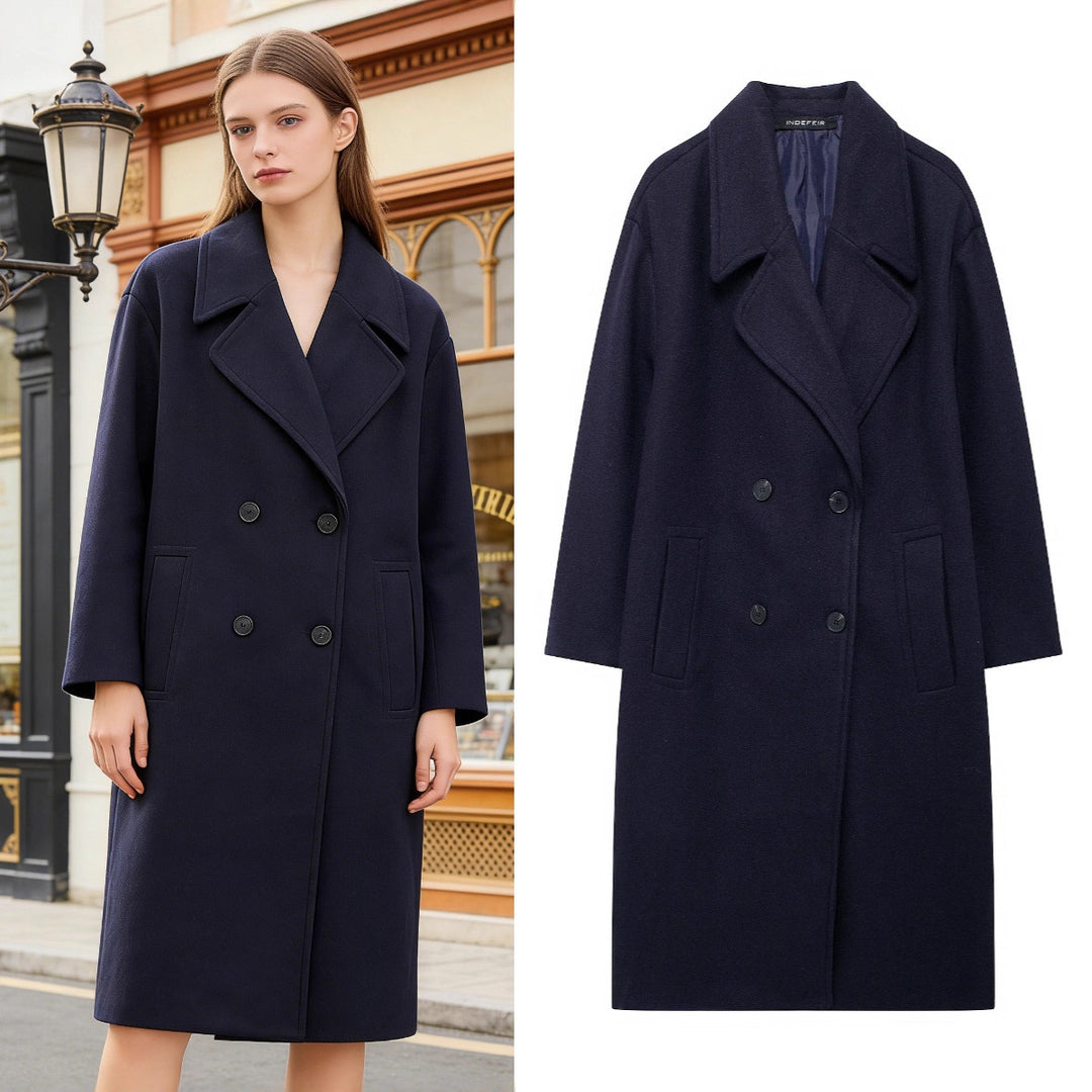 Women's Double-Breasted Wool Blend Coat with Oversized Cut and Lapel Collar Mune Fashion