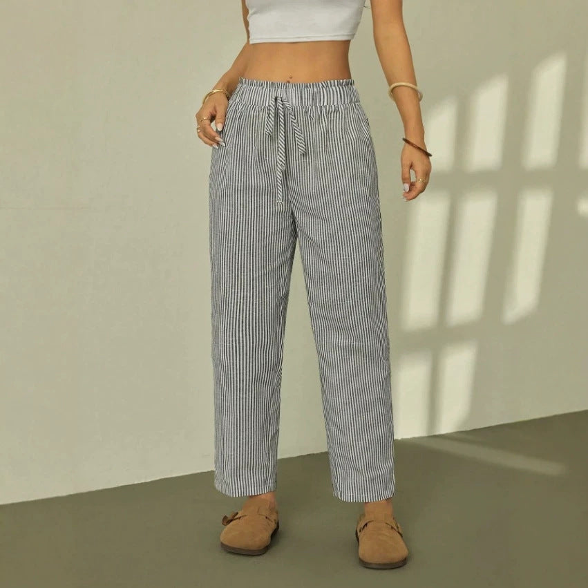 Women Linen Look Relaxed Trousers with High Waist, Drawstring and Pinstripes Drune