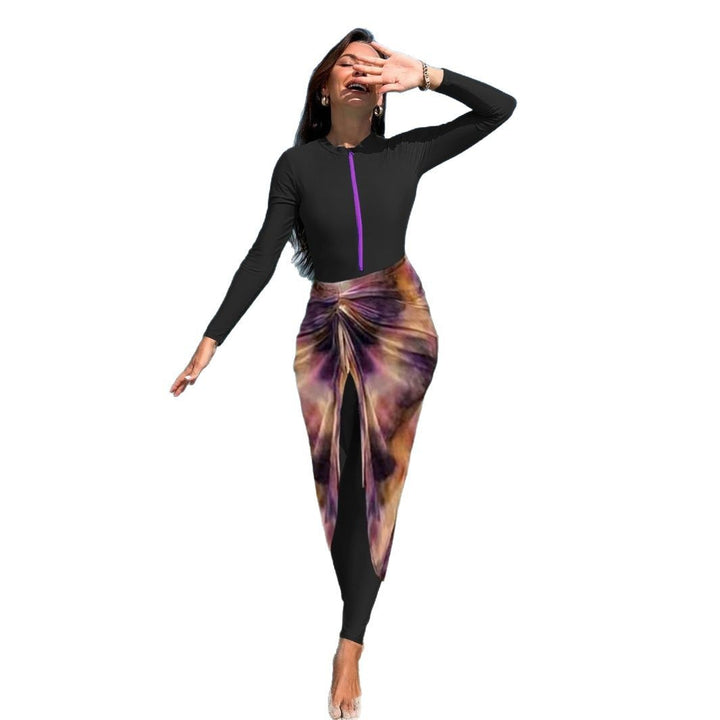 Women's fashionable long-sleeve swimsuit with elegant wrap skirt Mune Fashion