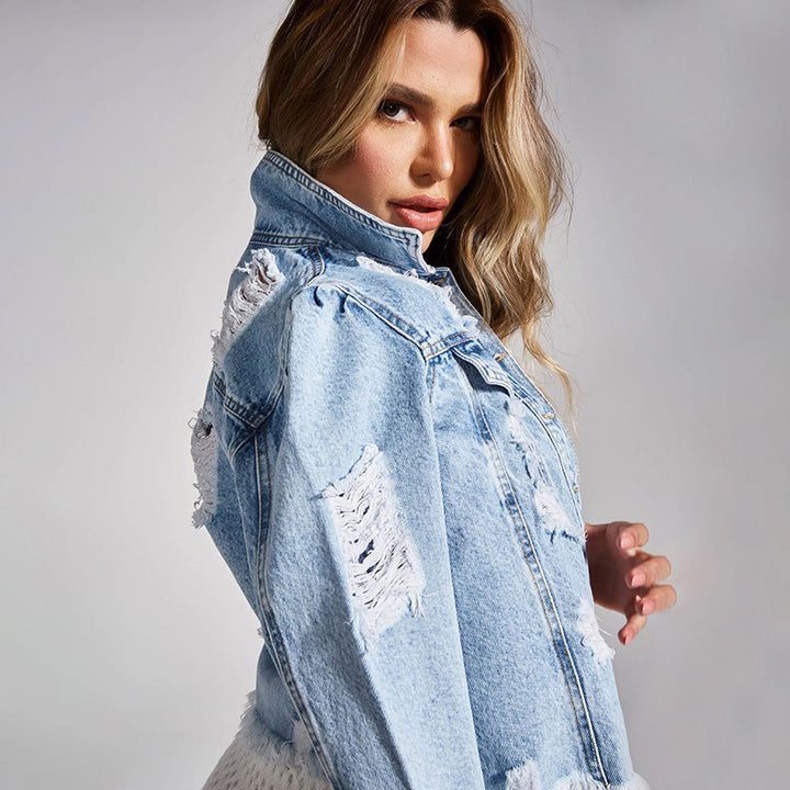 Women's Short Distressed Denim Jacket with Fringes and Used Effect Mune Fashion