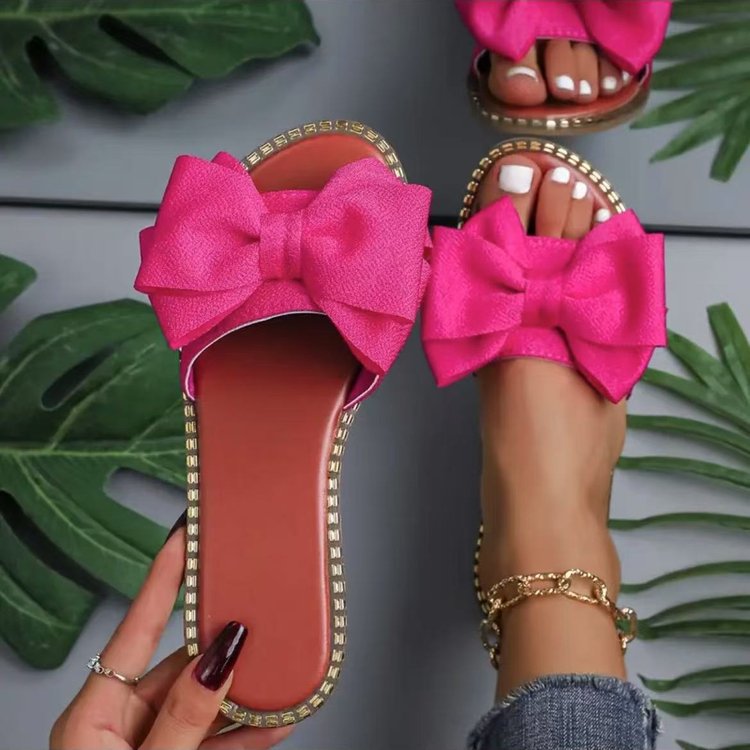 Women Flat Slippers with Oversized Bow, Gold Trim Decoration and Padded Comfort Insole Mune Fashion