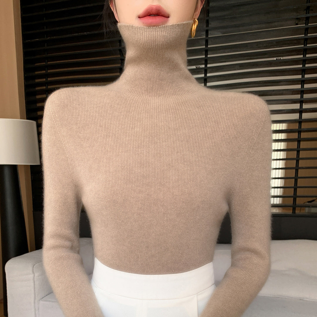 Women Slim Fine Knit Sweater with High Roll Neck and Fine Rib Structure Mune Fashion