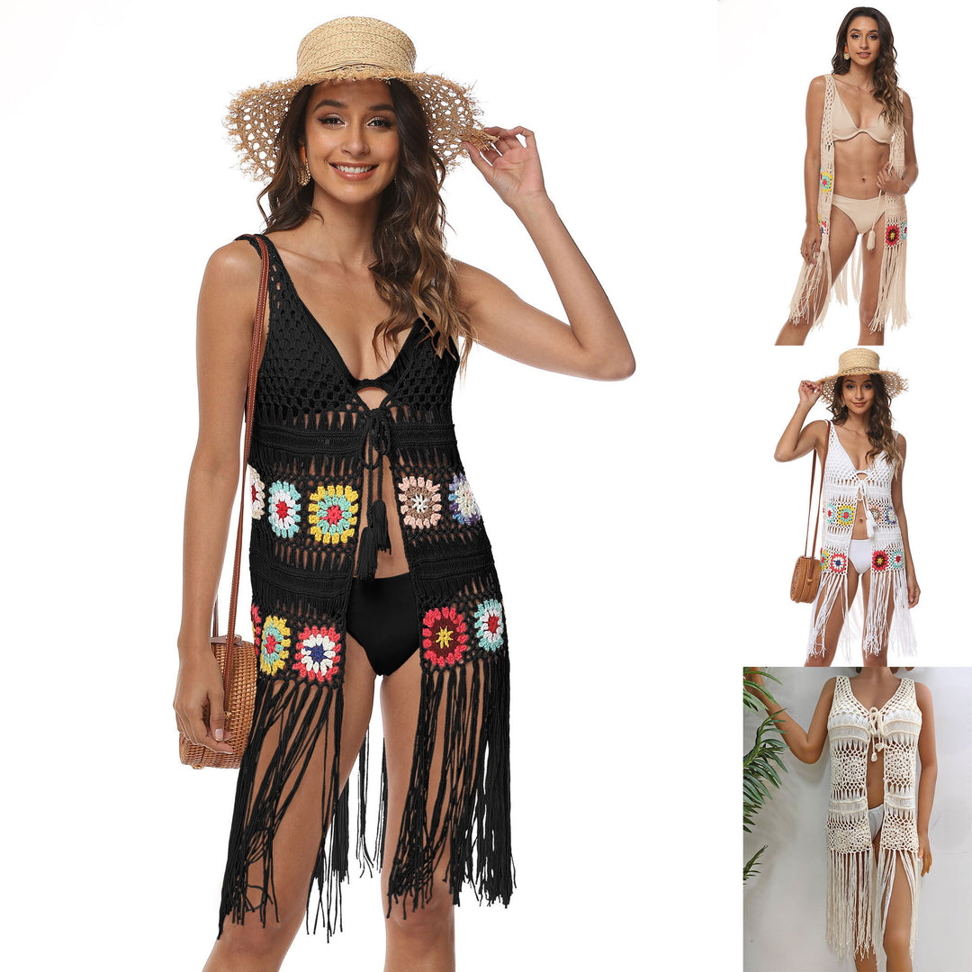 Women's Crochet Beach Cover-up with Colorful Fringes Mune Fashion