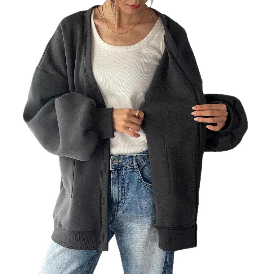 Women's Oversized Sweat Cardigan with Button Placket, Patches Pockets and Dropped Shoulder Drune