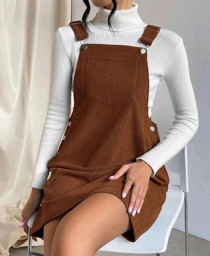 Women's Corduroy Pinafore Dress with Adjustable Straps, Side Snap Placket and Fine Rib Effect Mune Fashion