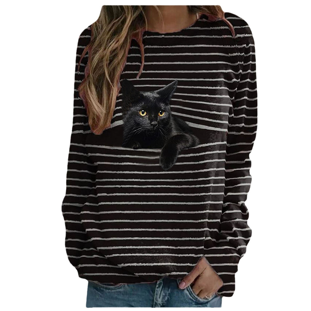 Women's casual striped sweater with photorealistic cat pocket and round neckline Mune Fashion