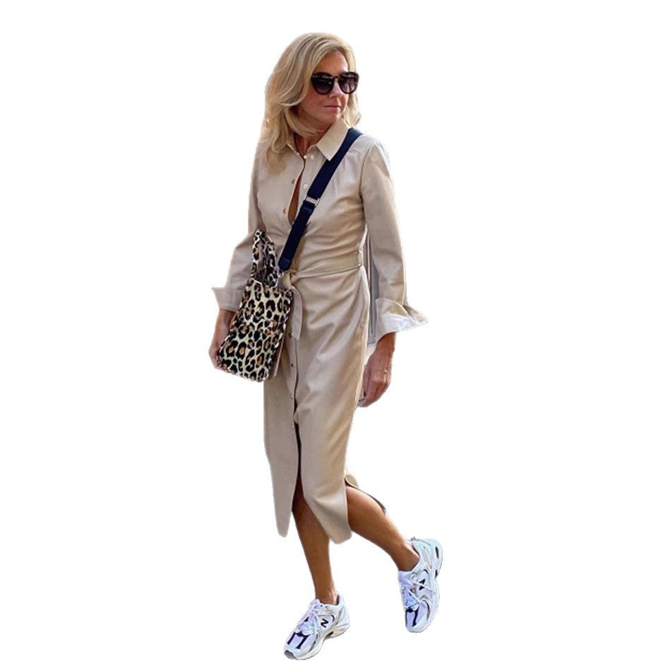 Women's nan figurnah button-up midi dress with waist tie belt, flounce cuffs and discreet front slit Mune Fashion
