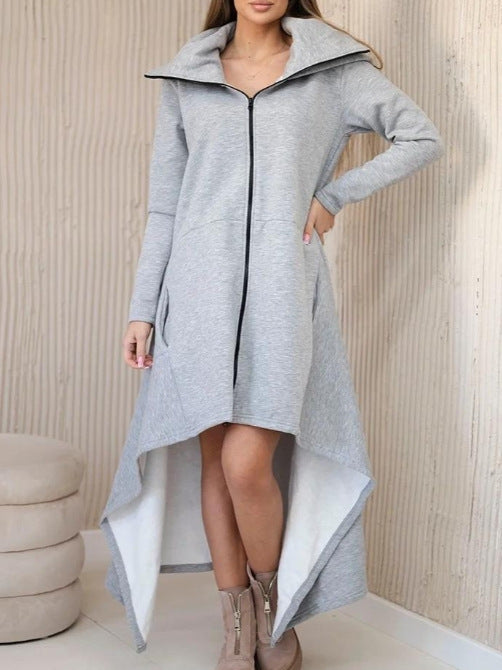 Women's nan asymmetrical sweatshirt dress with high stand-up collar, full-length zipper and extended back hem Mune Fashion