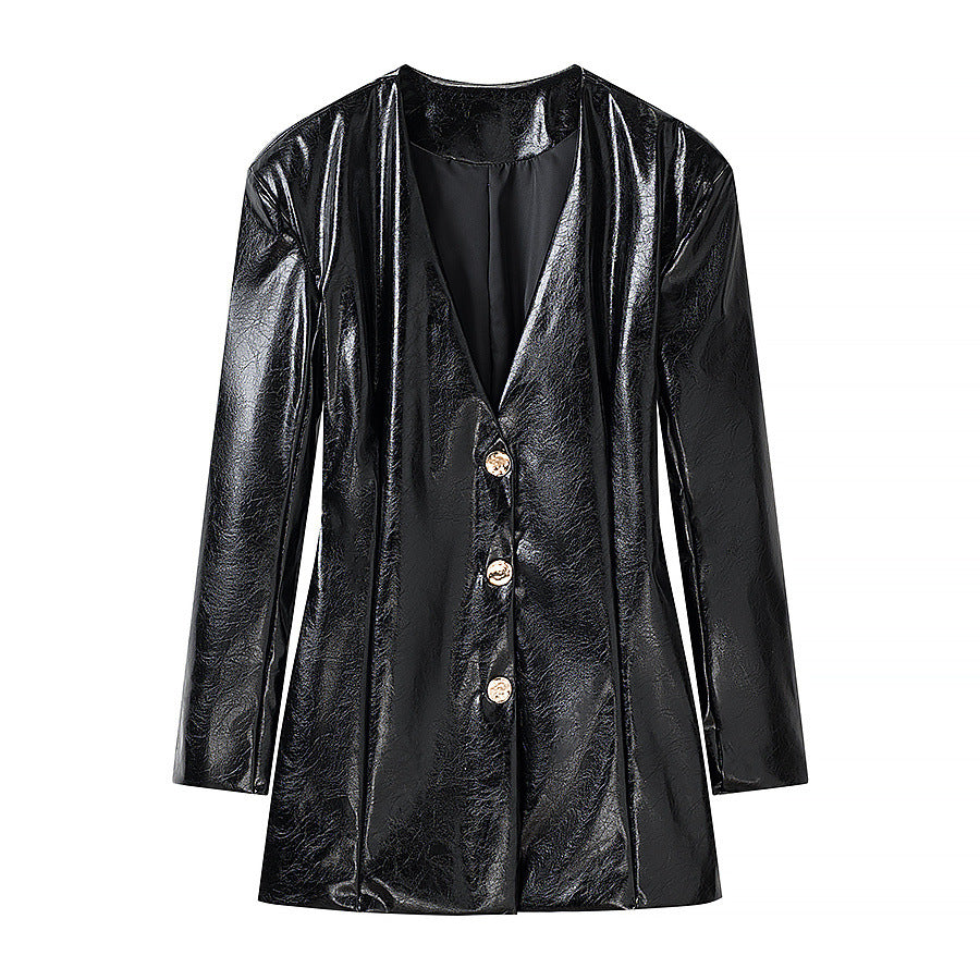 Women Patent Blazer-Mini Dress with Tailored Darts and Golden Decorative Buttons Mune Fashion