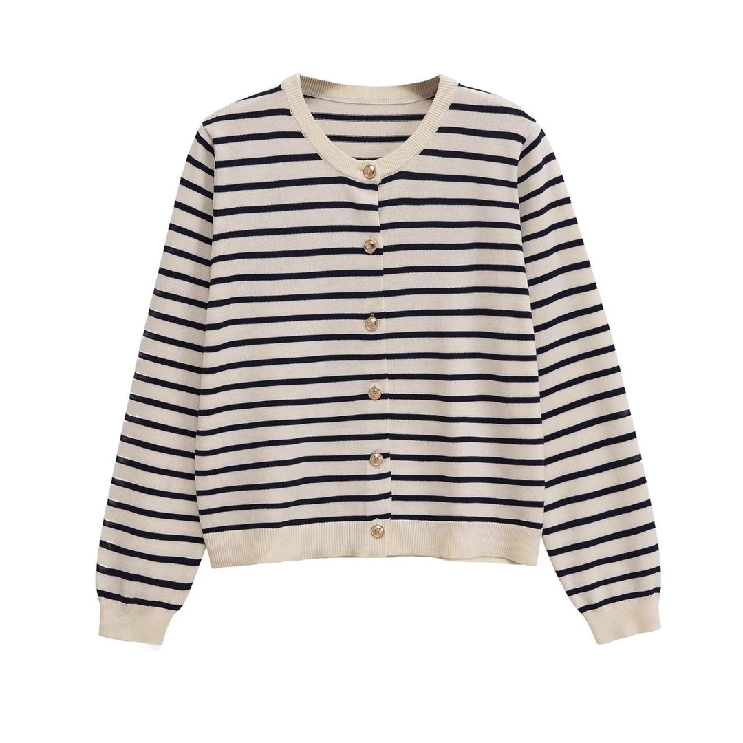 Women's Striped Lightweight Cardigan with Round Neckline and Decorative Buttons Mune Fashion