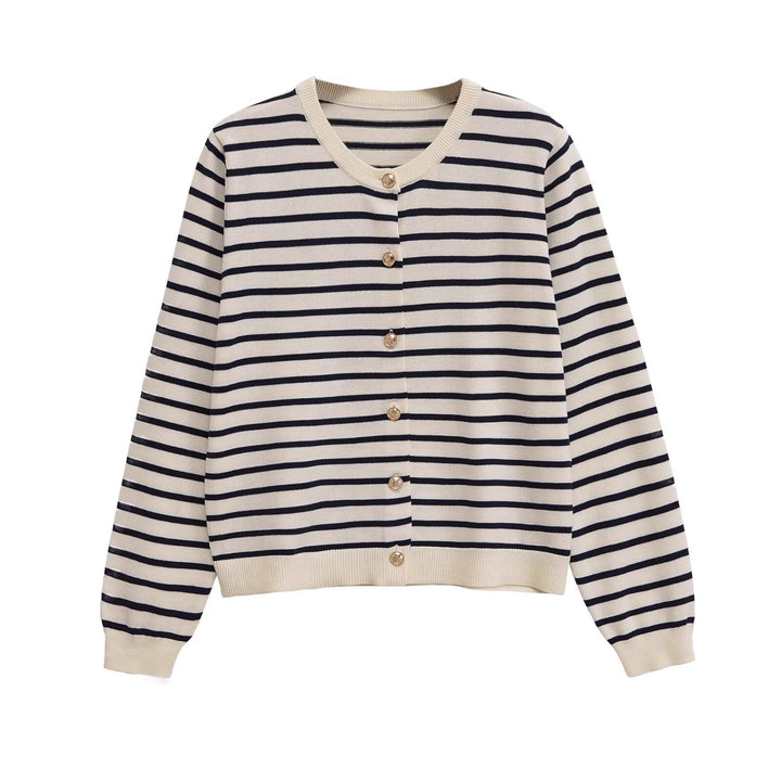 Women's Striped Lightweight Cardigan with Round Neckline and Decorative Buttons Mune Fashion