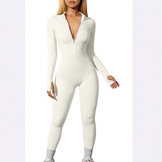 Women's nano figure-hugging rib jumpsuit with high neckline, long sleeves and sculpting seam structure Mune Fashion