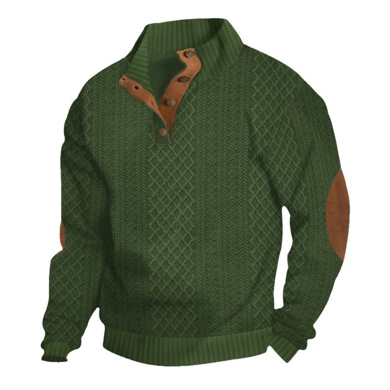 Men's Structured Cable Knit Henley Sweater with Leather Patch on Elbows & Placket Mune Fashion