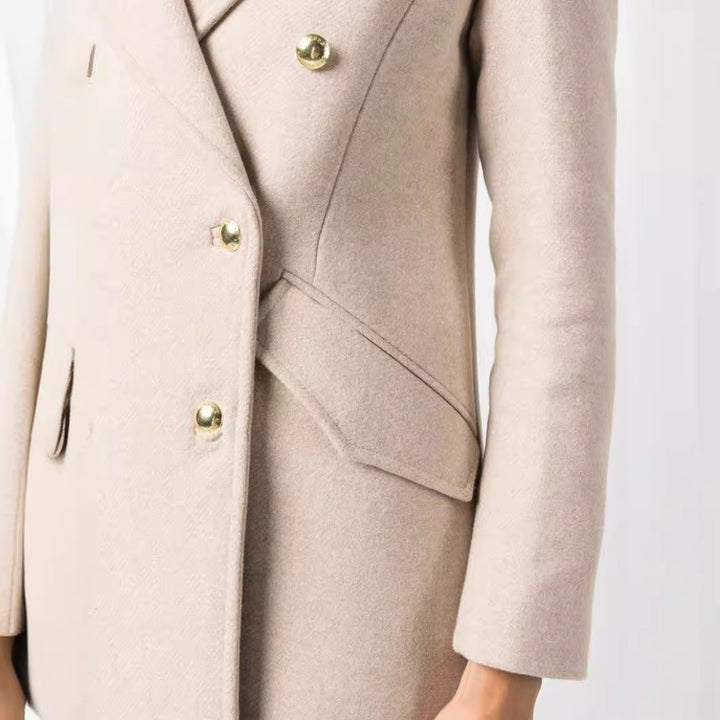Women Mid-length double-breasted tailoring coat with fitted seam and decorative straps Mune Fashion