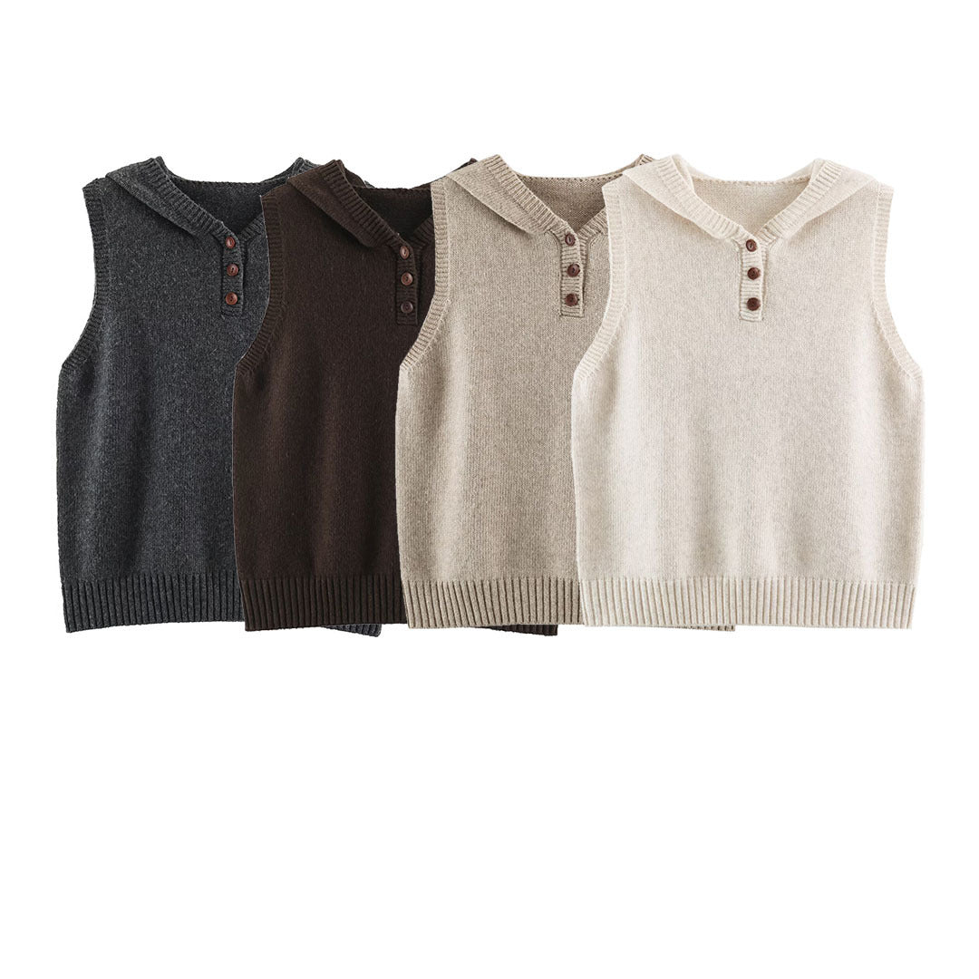 Women's fine knit vest with hood, button placket, and ribbed waistband Mune Fashion