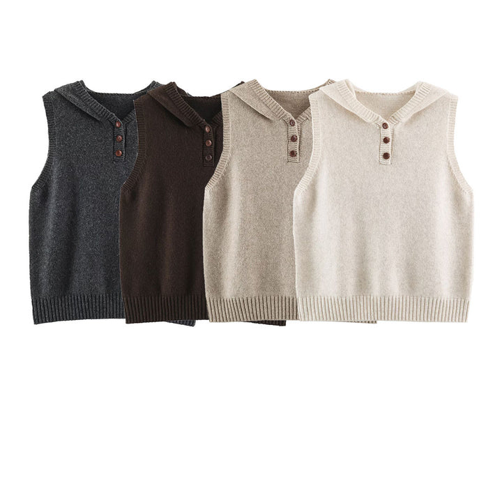 Women's fine knit vest with hood, button placket, and ribbed waistband Mune Fashion