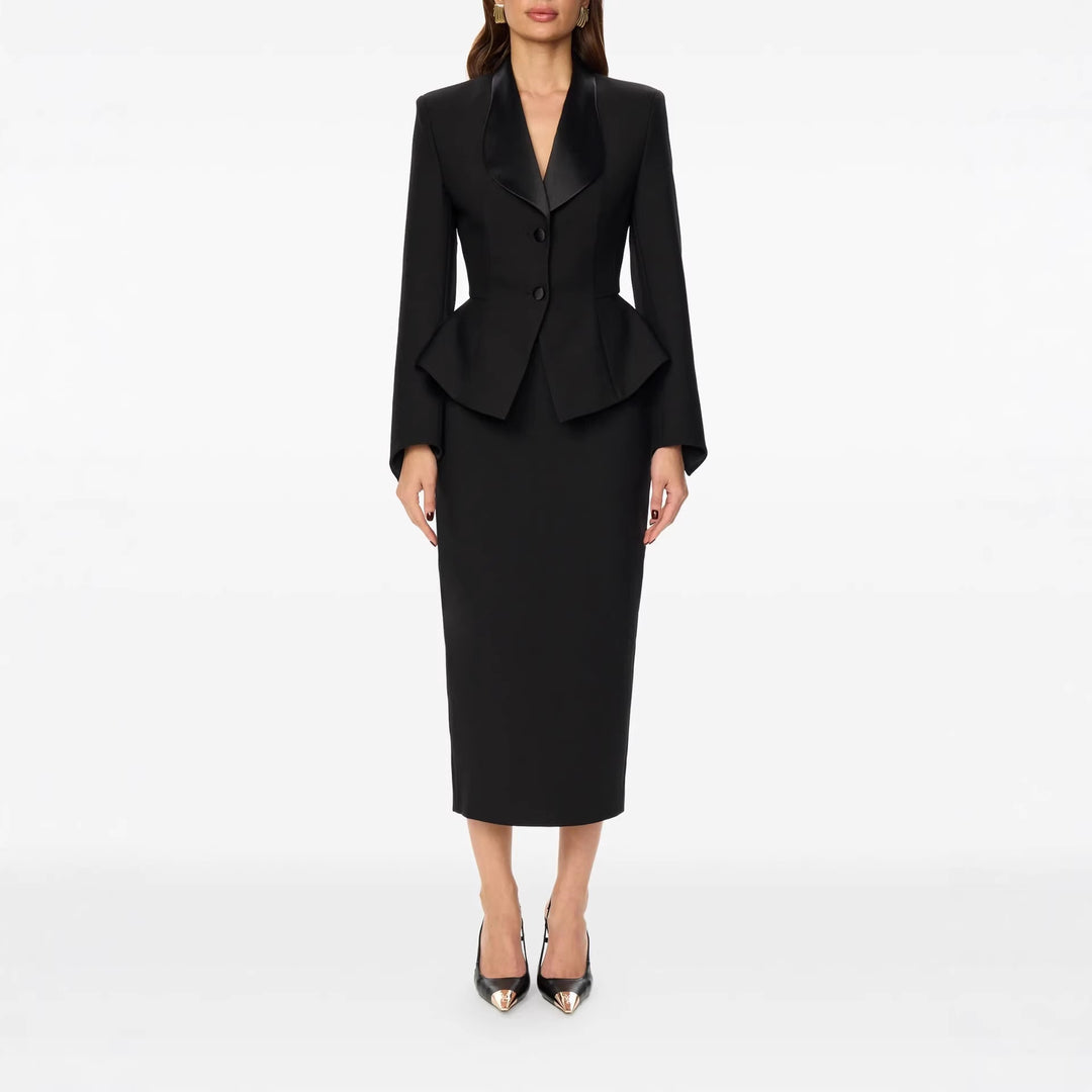 Women Tailored Blazer with Peplum Satin Shawl Collar and Slim Silhouette Mune Fashion