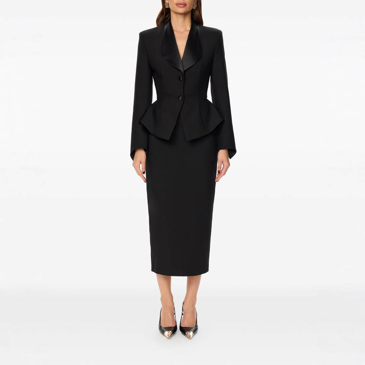 Women Tailored Blazer with Peplum Satin Shawl Collar and Slim Silhouette Mune Fashion