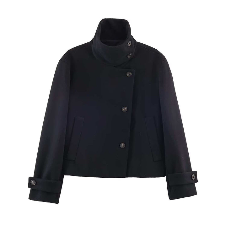 Women's short wool coat with a high stand-up collar, asymmetrical button placket, and adjustable cuff straps Mune Fashion