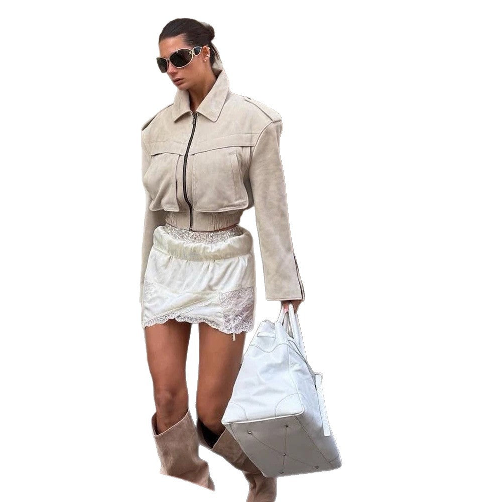 Women's Short Cut Suede Bomber Jacket with Zipper and Tailored Ribbed Cuffs Mune Fashion