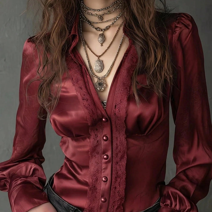 Women Tailored Satin Blouse with Lace Yoke, Button Placket and Puff Sleeves Mune Fashion