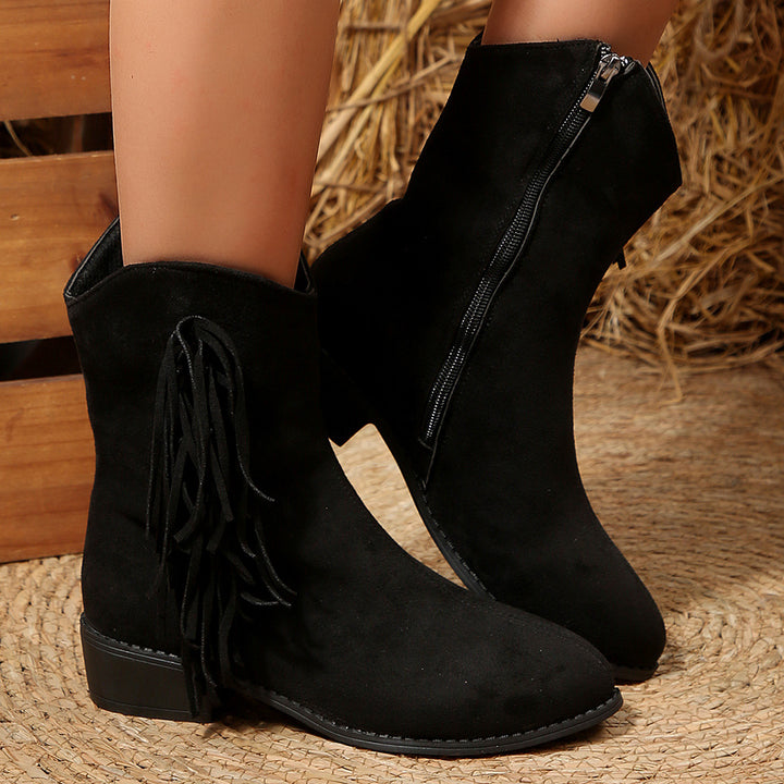 Ladies nan fringe ankle boot with side zipper and comfortable block heel Mune Fashion