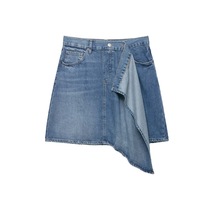 Women's Asymmetrical Denim Skirt with A-Line, Five-Pocket Details and Overlapping Ruffle Mune Fashion