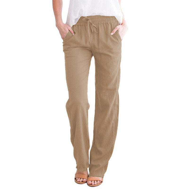 Women Light Linen Look Palazzo Pants with Elastic Waist, Drawstring and Side Pockets Mune Fashion
