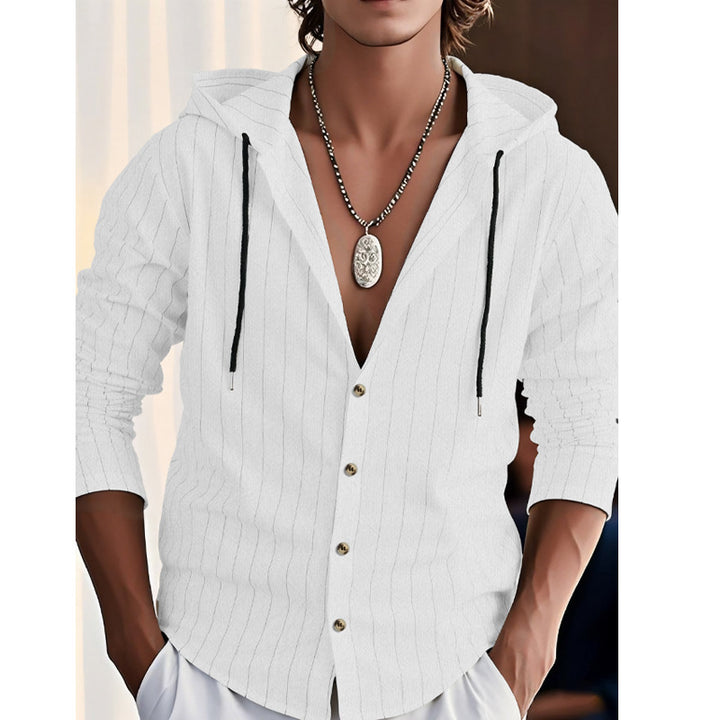 Men's modern hooded shirt with slim fit, continuous button placket, and fine pinstripe structure Mune Fashion