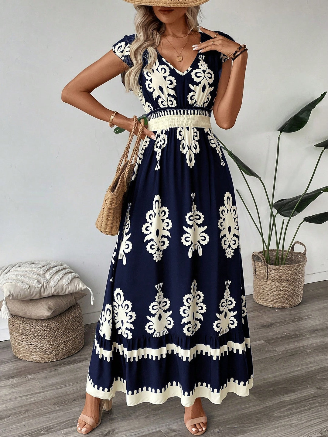 Women’s Boho Long Dress with V-neck, fitted stretch waistband and contrasting ornament print Mune Fashion