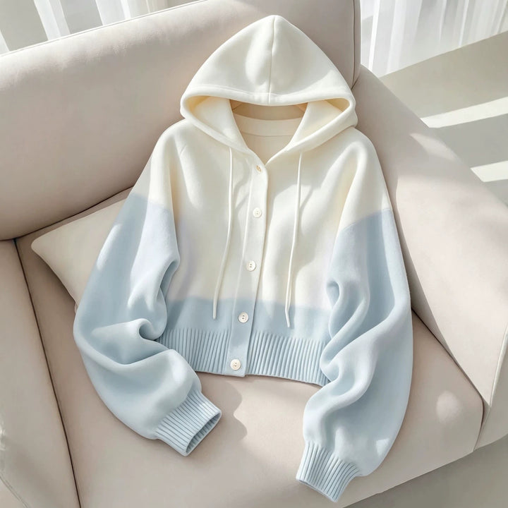 Women's Hooded Knitted Cardigan with Button Placket, Ribbed Cuff, and Oversized Sleeves Mune Fashion