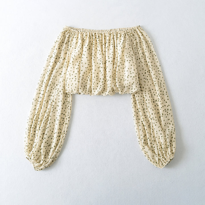 Ladies Carmen Cropped Chiffon Blouse with Elastic, Ruffle Trim and Long Balloon Sleeves Mune Fashion