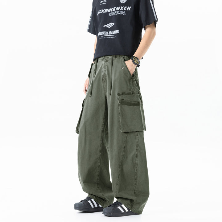 Men's Loose Cargo Pleated Pants with Drawstring and Large Flap Pockets Drune