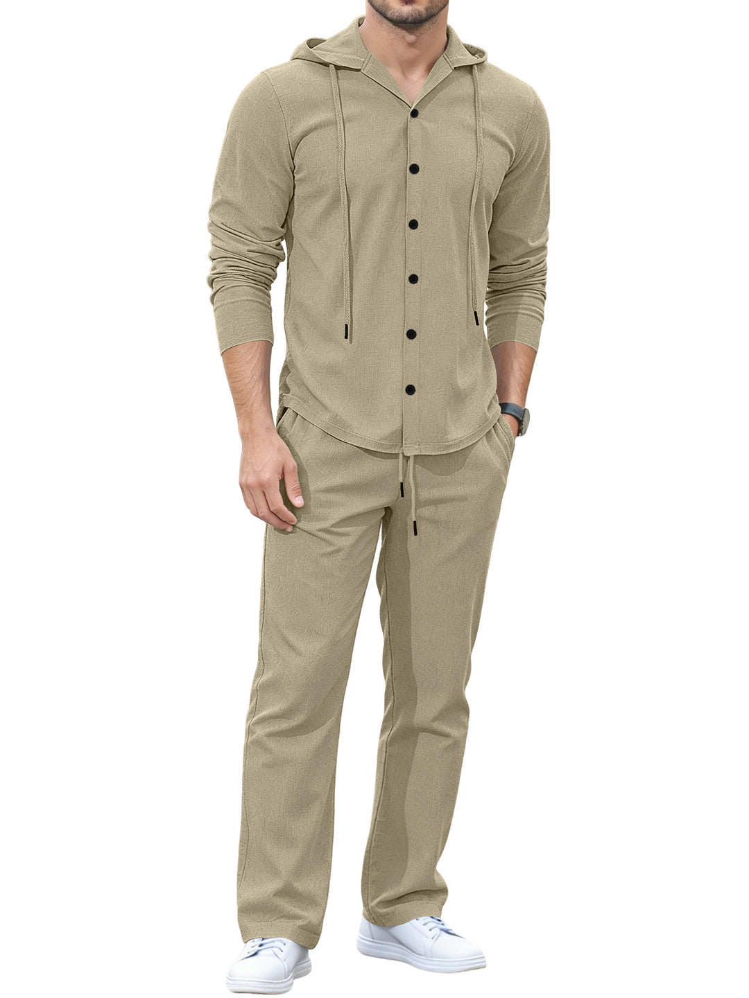 Men's Casual Button Hoodie Lounge Set made of Jersey with Drawstring and Comfort Jogger Mune Fashion