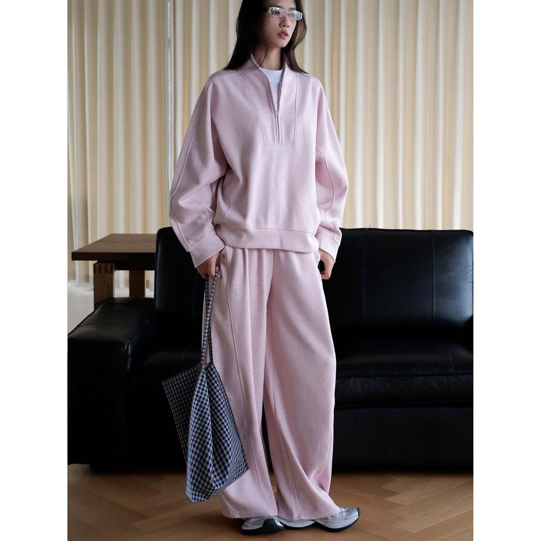 Women's Oversized Sweatshirt with Half Zip, Stand Collar and Raglan Sleeves Mune Fashion