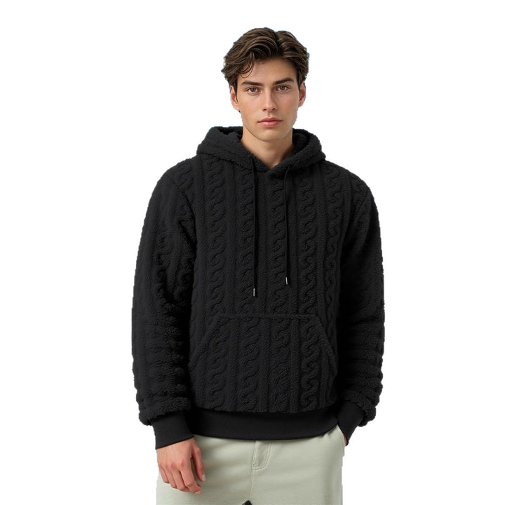 Men's fluffy sherpa hoodie with cable knit pattern, kangaroo pocket and ribbed cuffs Mune Fashion