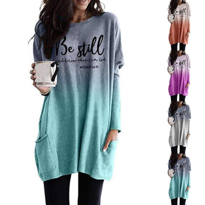 Ladies Oversize Print Tunic with Round Neck, Side Pockets, and Ombre Gradient Mune Fashion