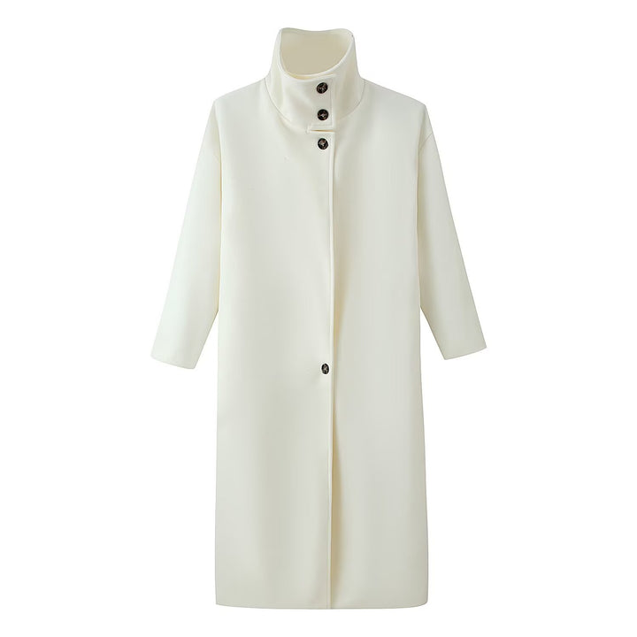 Women's Straight Midi-Length Coat with High Stand-Up Collar and Concealed Button Placket Mune Fashion