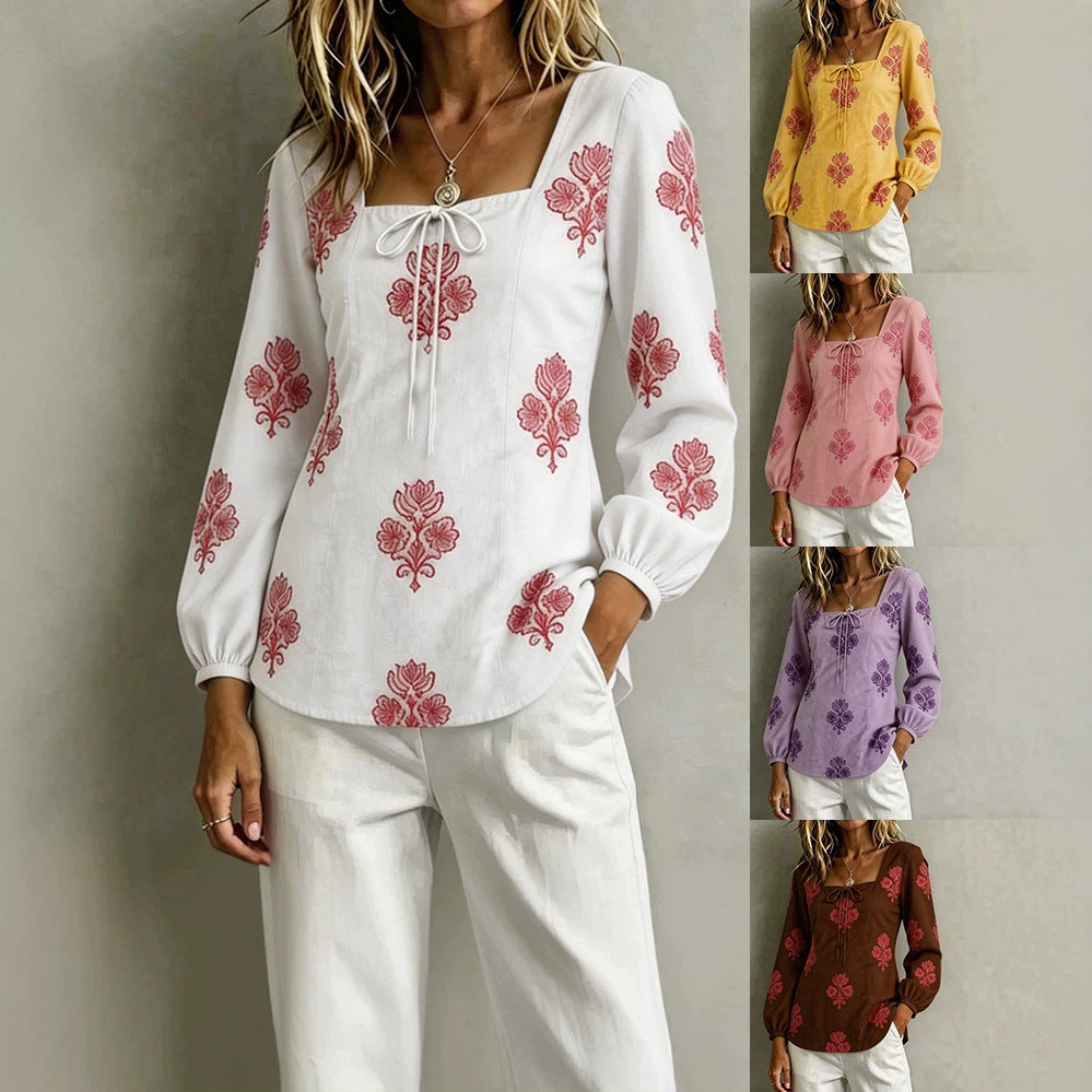 Women's Embroidered Tunic Blouse with Square Neckline and Feminine Balloon Sleeves Mune Fashion