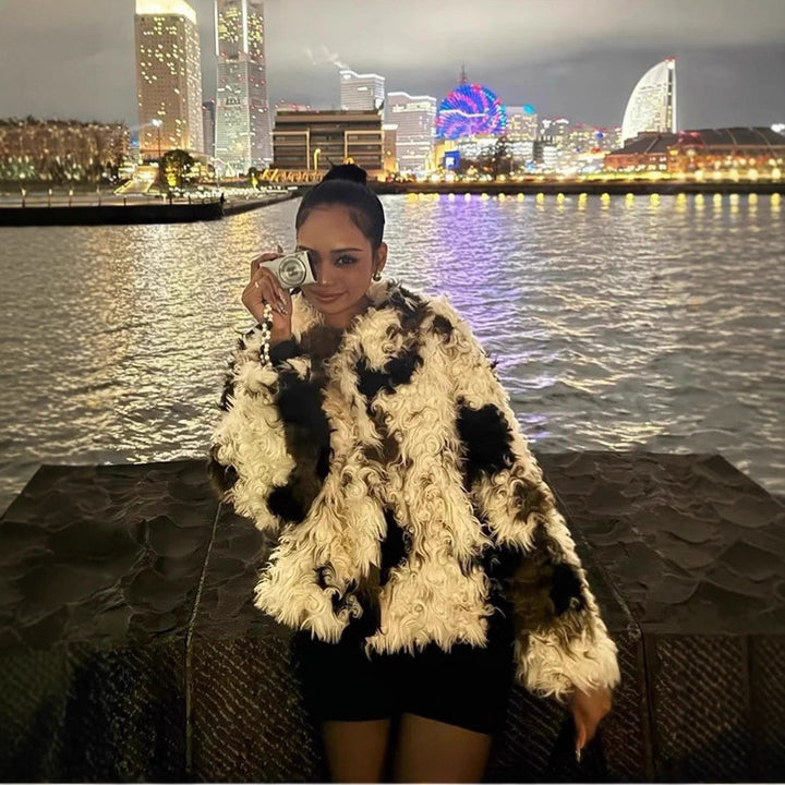 Women's Short Shaggy Faux Fur Bomber Jacket with Textured Patchwork Look Mune Fashion