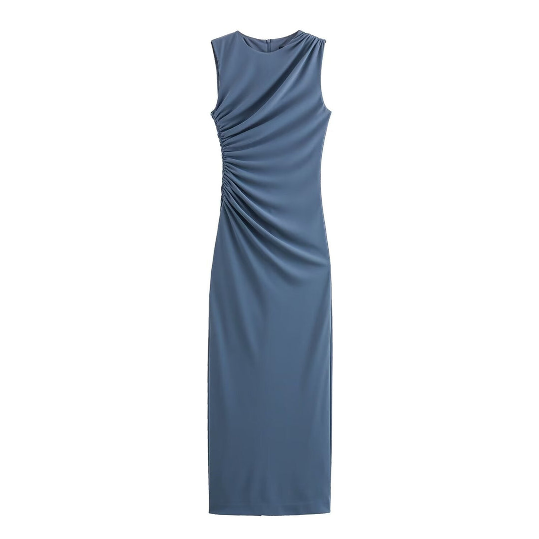 Mune Fashion | Solid Color Round Neck Sleeveless Folded Slim Fit Dress