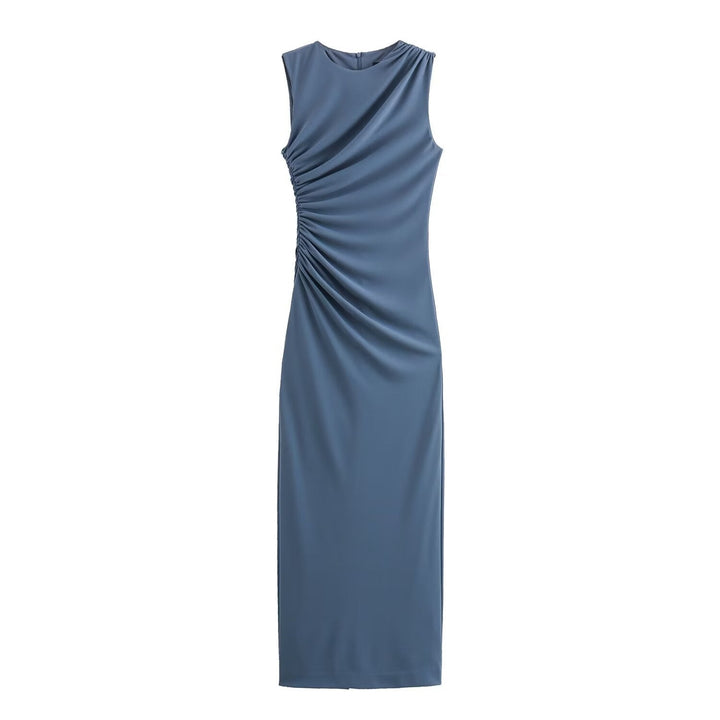Mune Fashion | Solid Color Round Neck Sleeveless Folded Slim Fit Dress