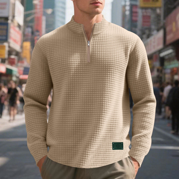 Men's nano lightweight waffle knit pullover with short collar zipper and rounded hem Mune Fashion