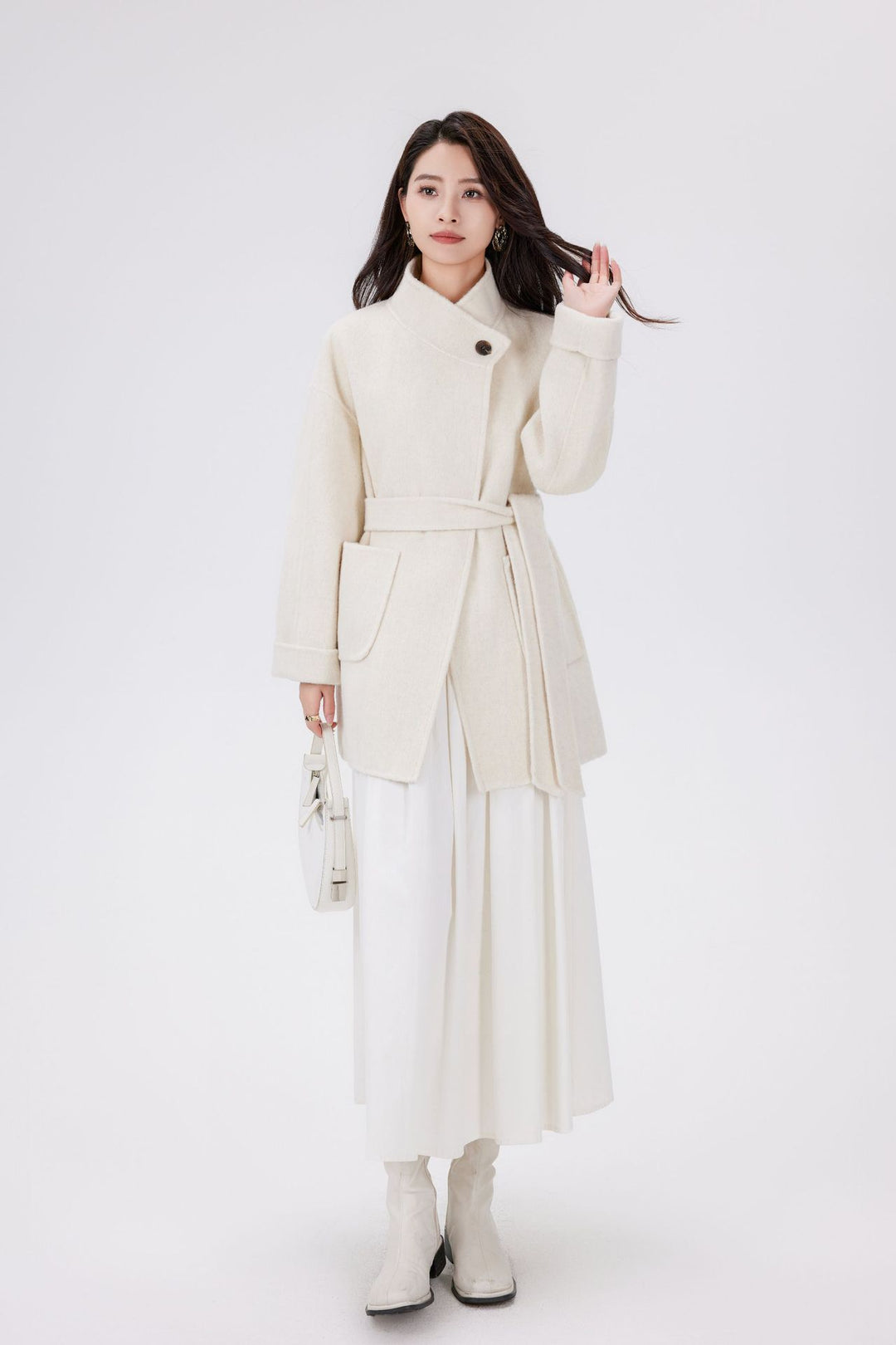 Women's Short Wrap Wool Coat with High Button Placket and Patch Pockets Mune Fashion