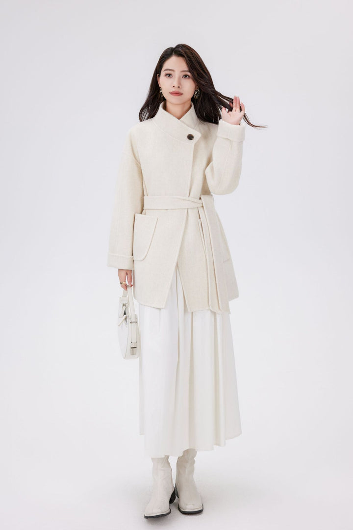Women's Short Wrap Wool Coat with High Button Placket and Patch Pockets Mune Fashion