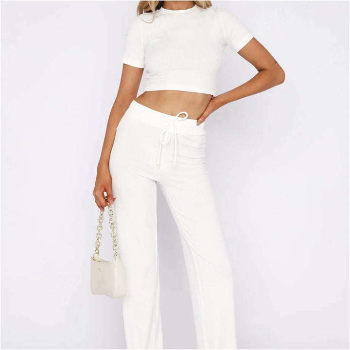 Women's Ribbed Crop Set made of Stretch Jersey with High-Waisted Drawstring Pants Mune Fashion