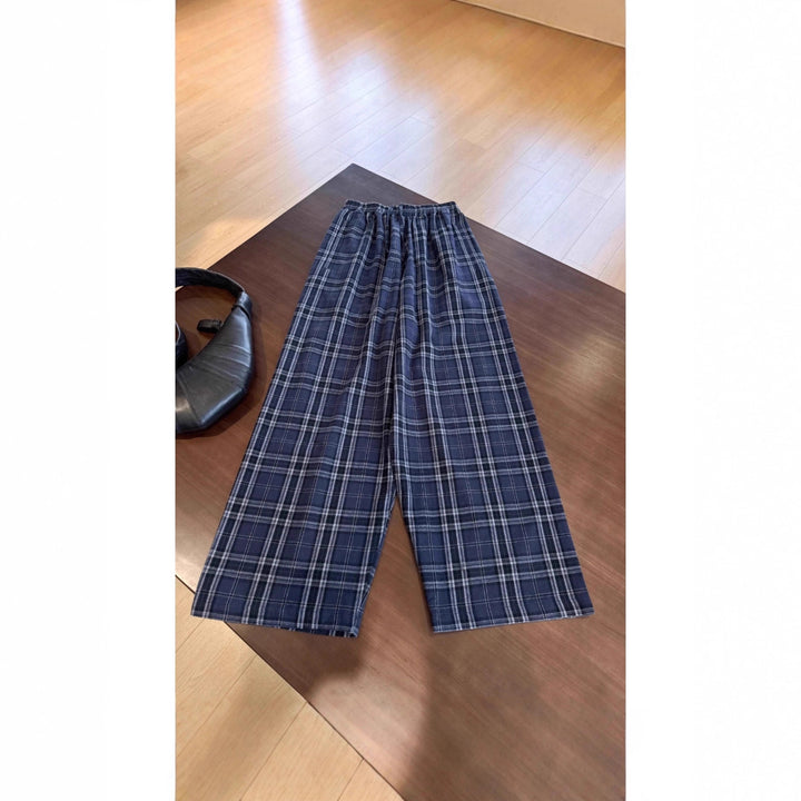 Women Casual Wide Leg Trousers in Check Pattern Mune Fashion